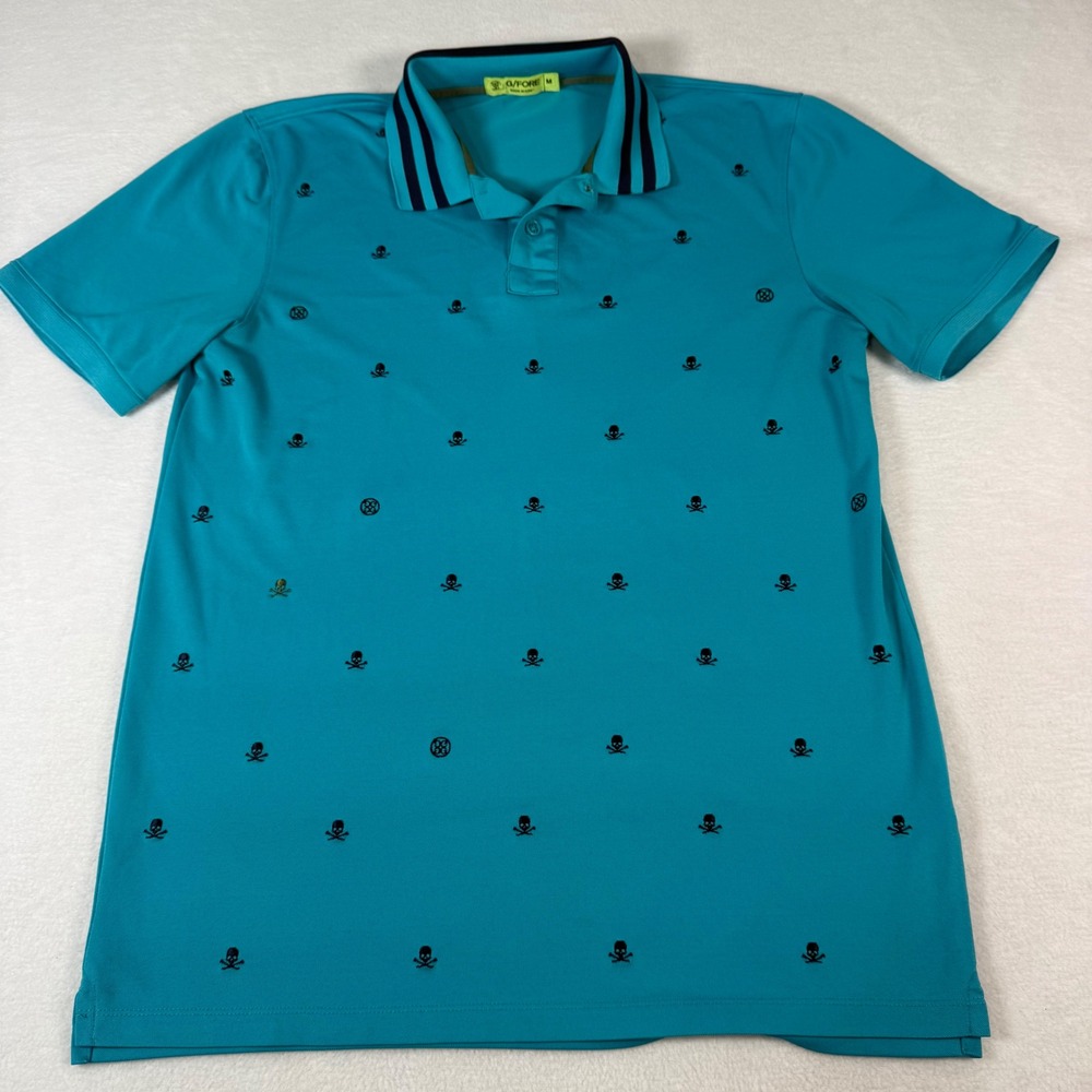 G/FORE Mens Polo Shirt Medium Teal Performance Pique Skull Crossbones Golfcore
